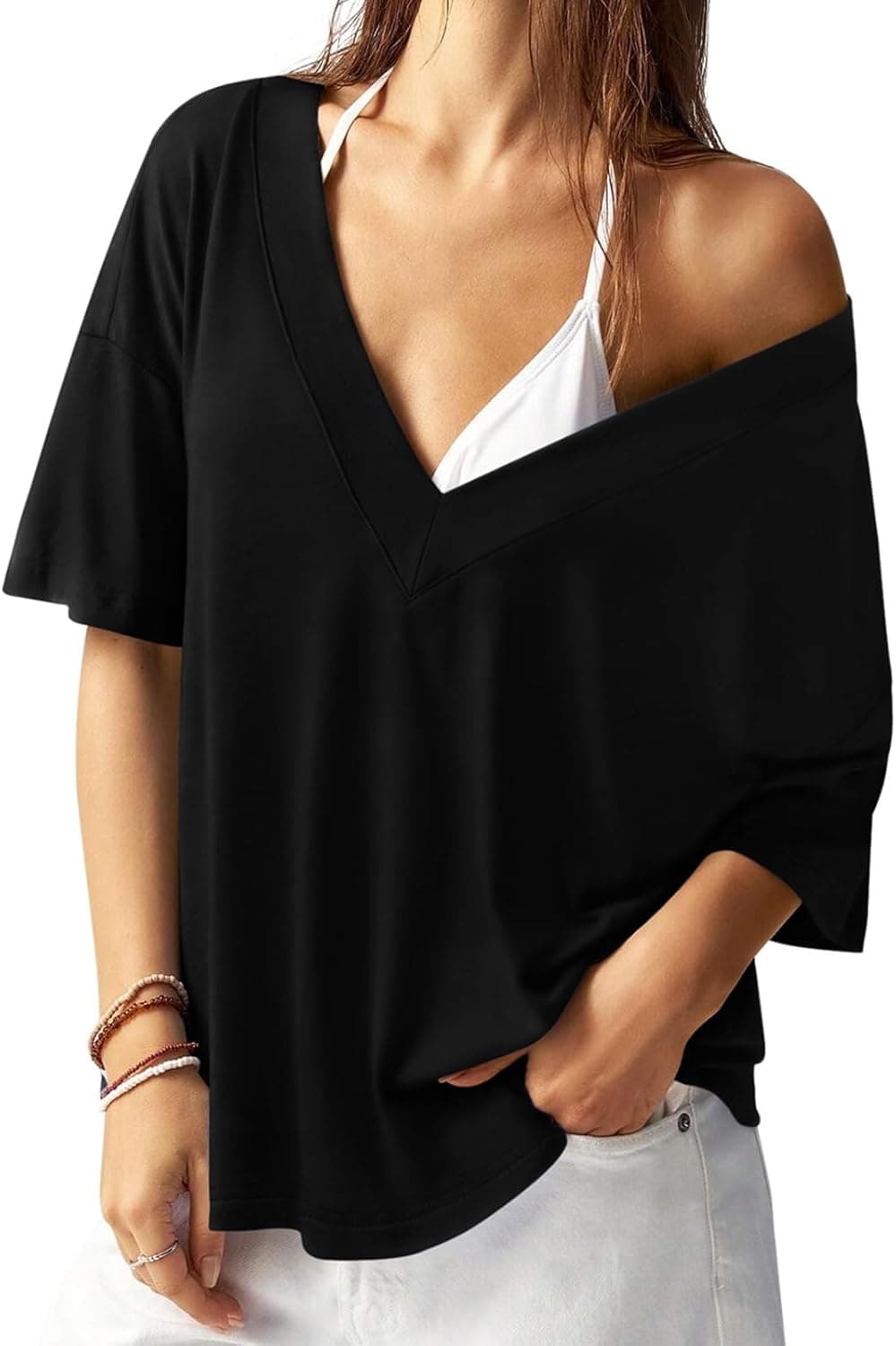 REORIA Womens Trendy Oversized V-Neck T Shirt