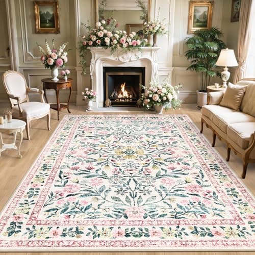 8x10 Area Rugs for Living Room: Floral Washable Rug Vintage Large Soft Boho Non-Slip Carpet Indoor Stain Resistant Low Pile Carpets for Bedroom Dining Room Farmhouse Nursery Home Office Pink Green — image 1