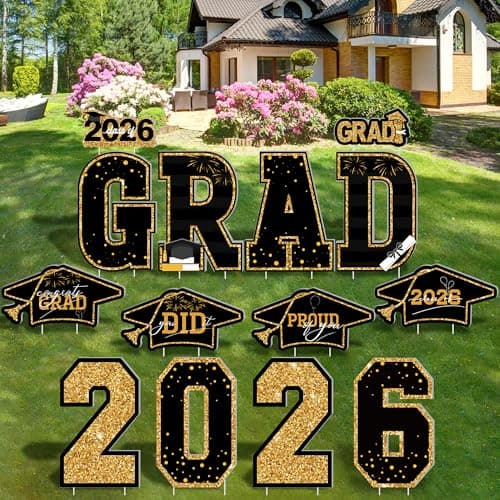 14PCS Graduation Yard Signs Class of 2026, Black Gold Graduation Decorations, Class of 2026 Yard Signs with Stakes, Graduation Party Decorations Outdoor, Graduation Yard Decor for College High School