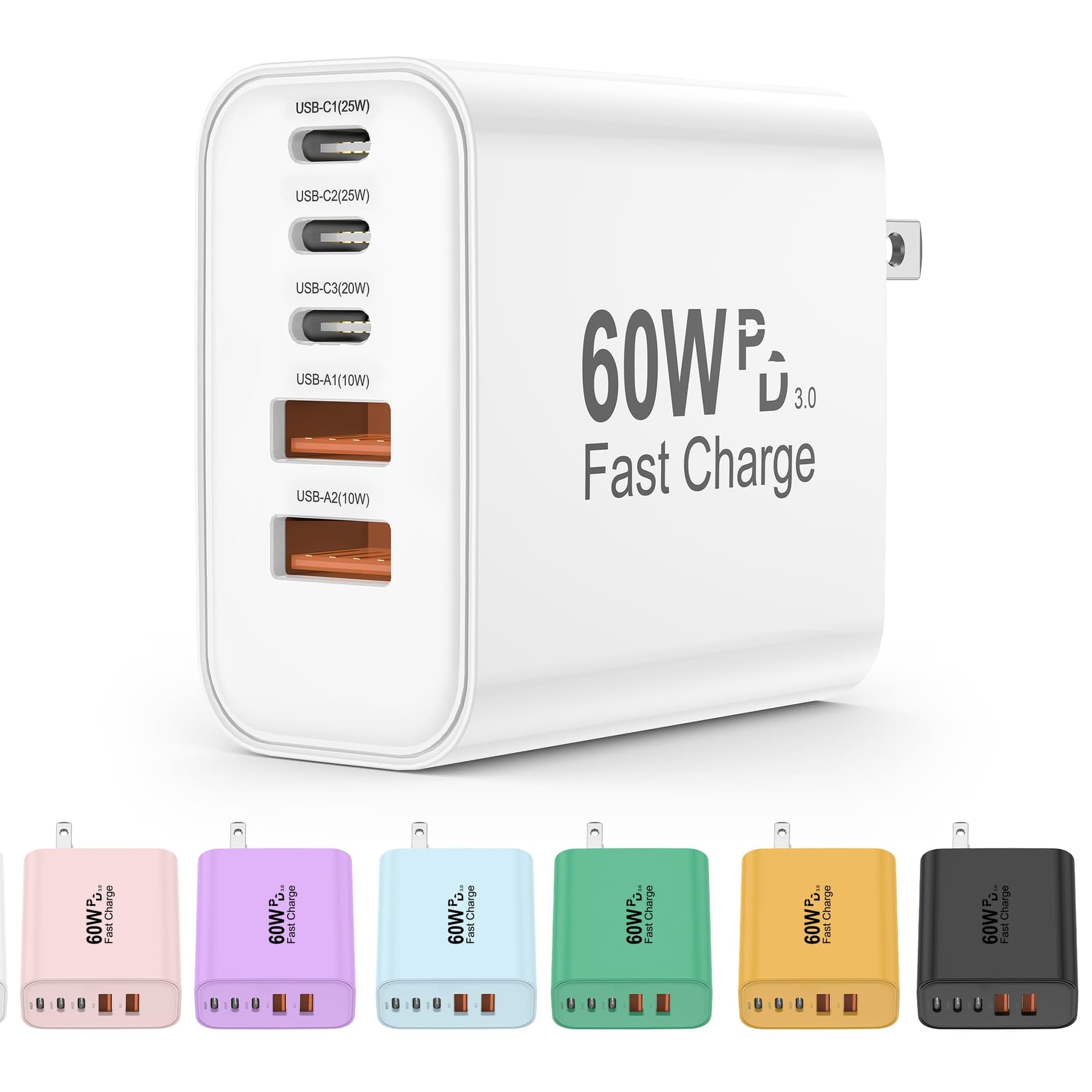 60W USB C Charger Block, Versatile iPhone Charger, White (1 Pack)