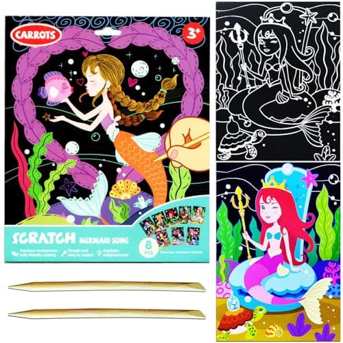 JUNQIU Scratch Art for Kids, Mermaid Black Rainbow Scratch Art Paper Set-Arts and Crafts Kits & Supplies, Mermaid Toys Gifts for Toddlers Girls Birthday Christmas — image 1