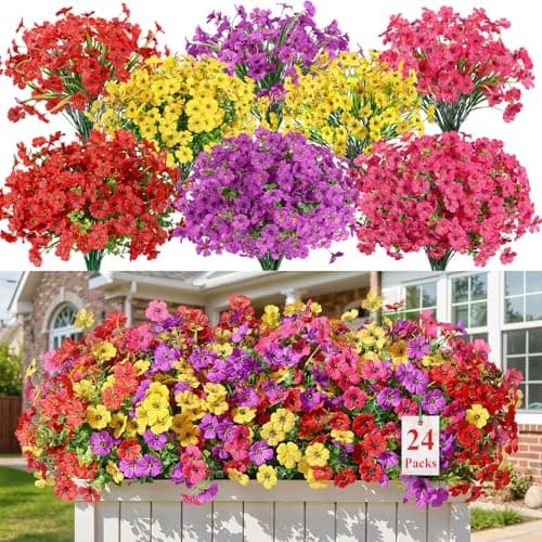 Alupssuc 24 Bundles Artificial Flowers for Outdoors Decoration, UV Resistant Silk Faux Daisy Flora Spring Fake Plastic Plants Greenery for Outside Indoor Yard Home Porch Window Box Decor, Mix 4 Colors — image 1