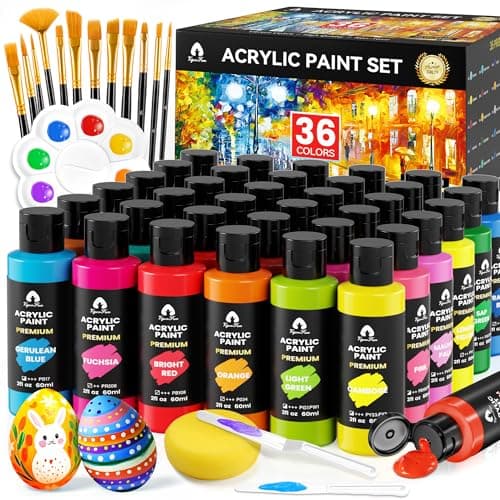 52 Pcs Acrylic Paint Set - 36 Colors (2oz/60ml) with 12 Brushes, 2 Knives & Palette - Rich Pigments for Adults, Artists & Beginners - Painting on Pumpkin Canvas Ceramic Rock Wood — image 1