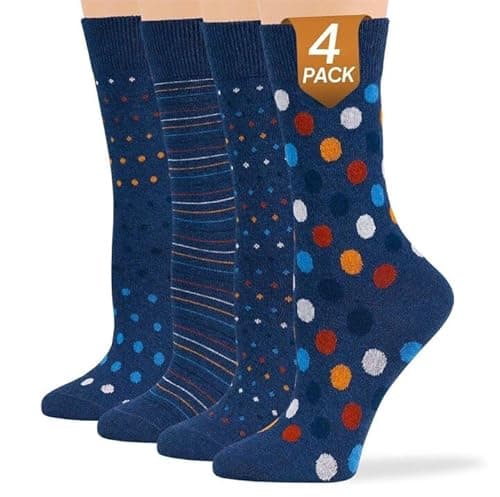 7BigStars Women Crew Socks, 4 Pairs Cotton Patterned - Light Navy Base with Colorful Dots and Stripes, Soft and Breathable - Sock Size:10-12, Shoe Size: 8-12