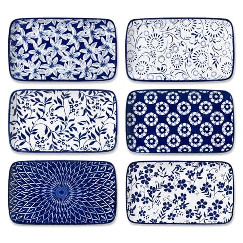 vancasso Selene 8.5 Inch Rectangular Salad Plates Set of 6, Ceramic Salad Plates for Sushi, Dessert, Appetizer, Porcelain Platters for Kitchen Decor, Microwave & Oven Safe, Vintage Blue & White Color