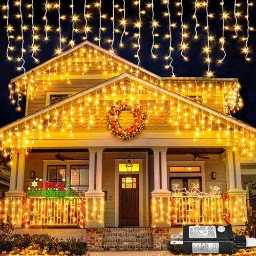 Nielfoi Warm White Christmas Lights Outdoor, 66ft 640 LED Icicle Lights for Outside House with Connectable Clear Wire 8 Modes Timer, Plug in Waterproof for Eaves Yard Party Indoor Holiday Decoration — image 1