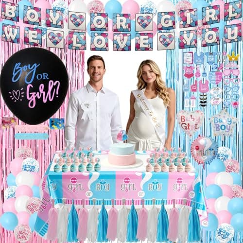 200 Pcs Gender Reveal Decorations Kit, Boy or Girl Gender Reveal Supplies | Baby Reveal Supplies with 36" Gender Reveal Balloon, Boy or Girl Banner, Mommy to Be Sash, Fringe Curtains & Photo Props — image 1