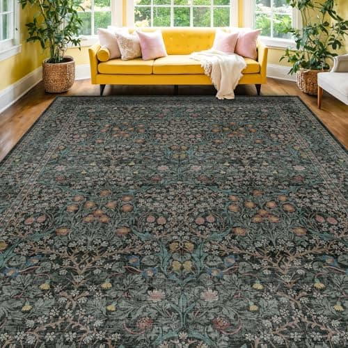 Vintage Dark Green Living Room Rug, 8x10 Washable Area Rugs for Dining Room Under Kitchen Table, Bedroom, Oriental Low Pile Stain Resistant Non-Slip Large Carpet (8x10 Dark Green) — image 1