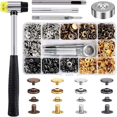 Qfun 120 Set Snap Fasteners Kit for Leather 12mm Metal Button Snaps Press Studs with 4 Setter Tools, 1 Hammer, 4 Color Leather Snaps for Clothes, Jackets, Jeans Wears, Bracelets, Bags