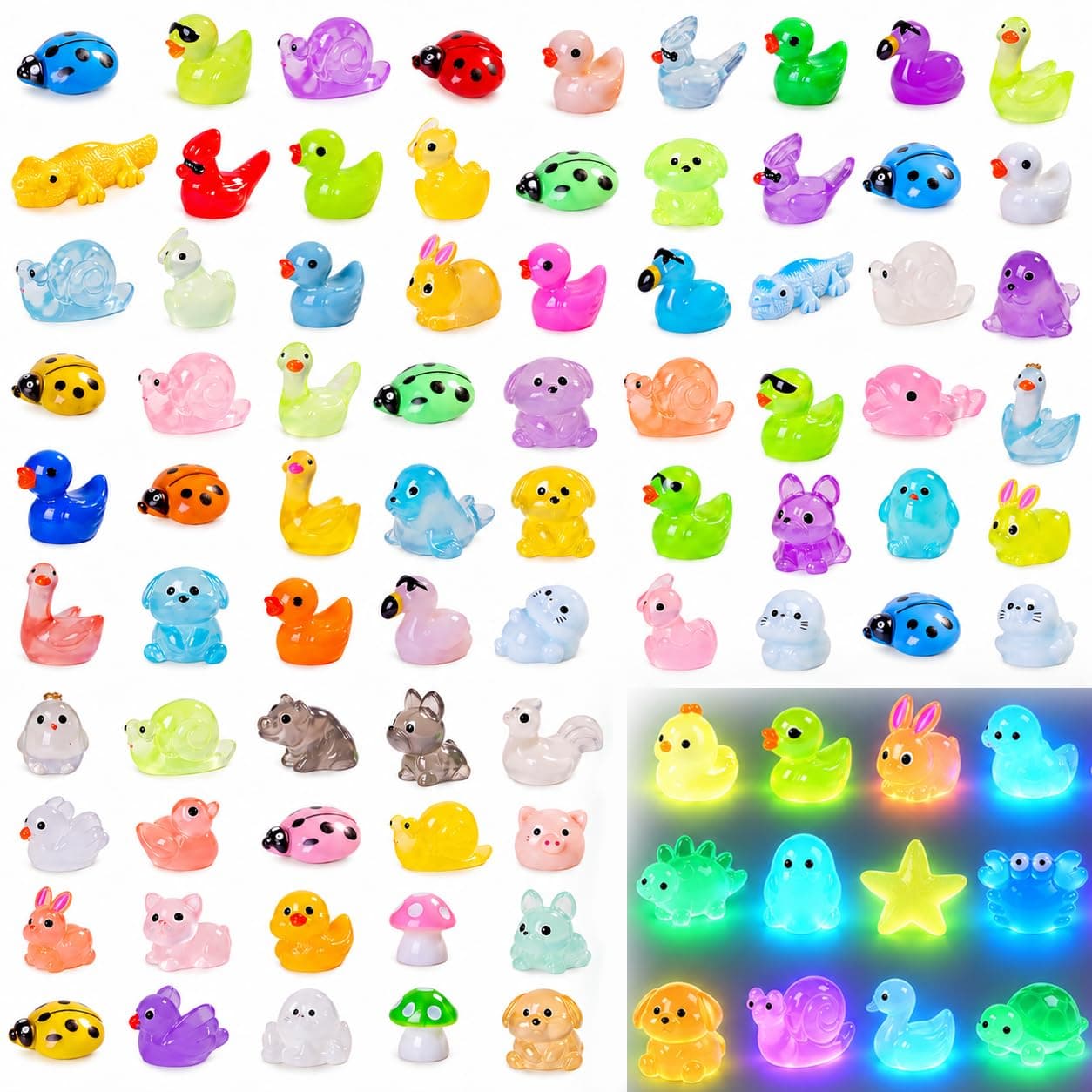 130 Pcs 50 Styles Mini Resin Figures , Solid Color & Glow in The Dark