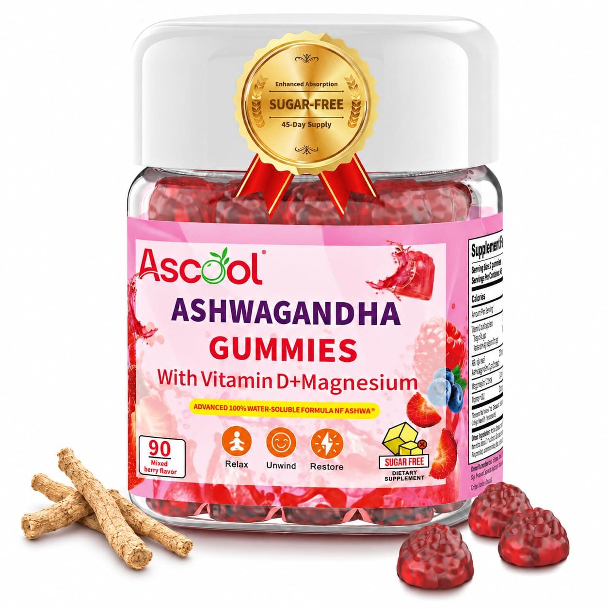 Ashwagandha Gummies for Stress Relief & Calm, 300 mg Root Extract with Magnesium and Vitamin D, Sugar-Free Vegan Supplement, 90 Count