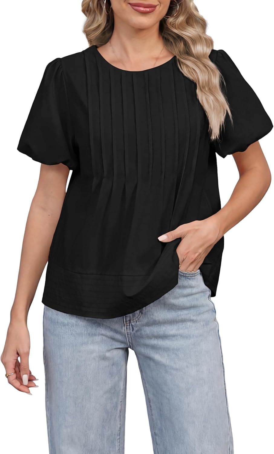 FUNLINGO Womens Puff Sleeve Babydoll Tops