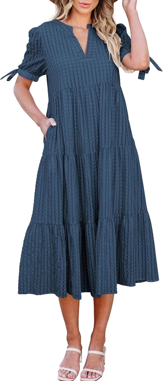 ECOWISH Casual V Neck Gingham Midi Dress