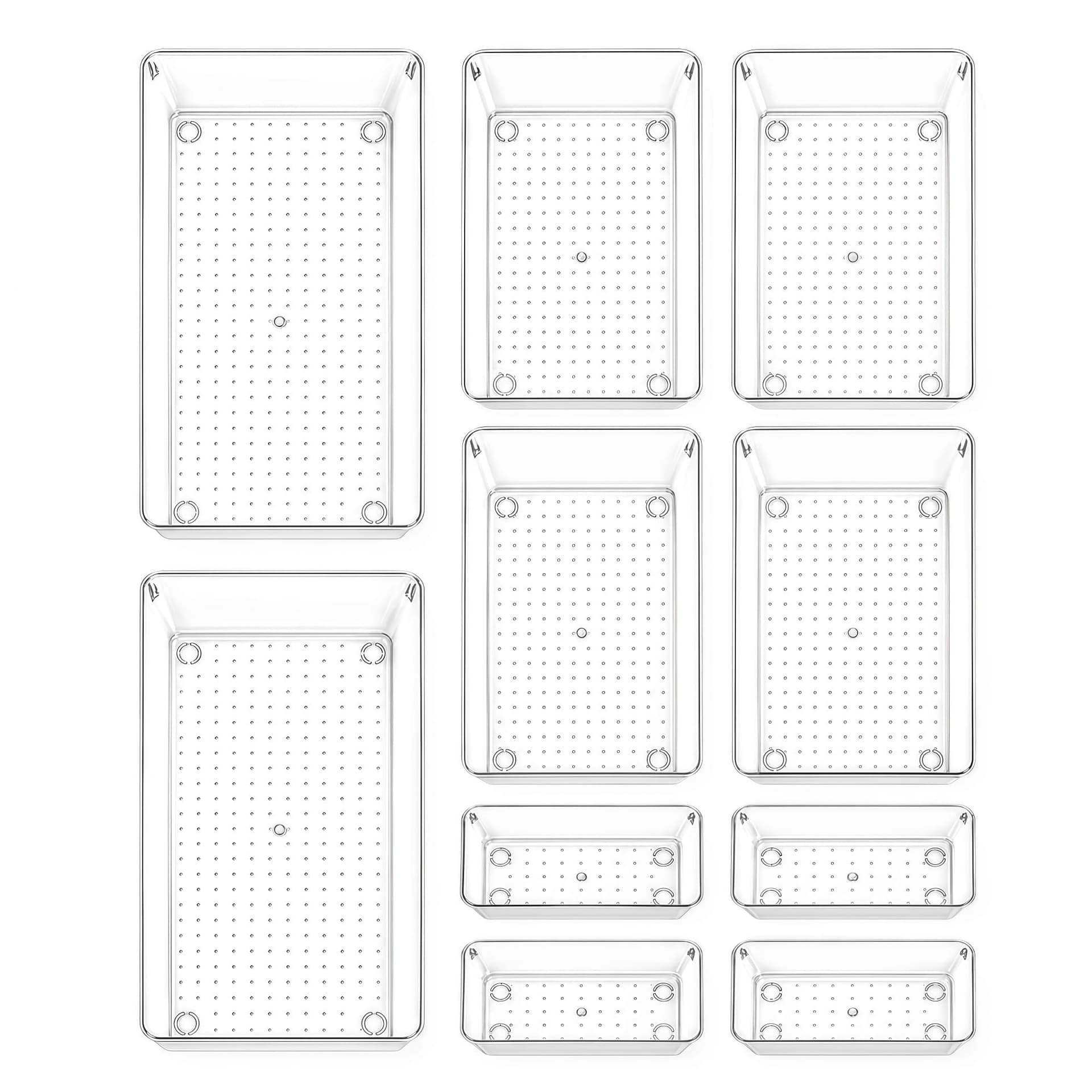 10 Pack Large Clear Drawer Organizer Trays, 3 Sizes, Non-Slip