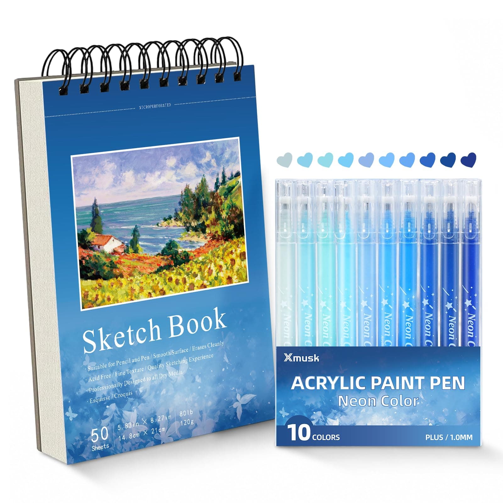 Acrylic Gel Pens for Coloring, 10 Blue Gel Pens with A5 Sketchbook