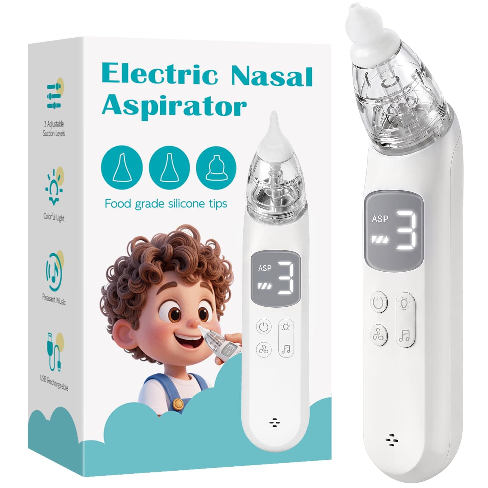 Baby Electric Nasal Aspirator, 3 Suction Levels, 3 Interchangeable Silicone Tips, Music & Light