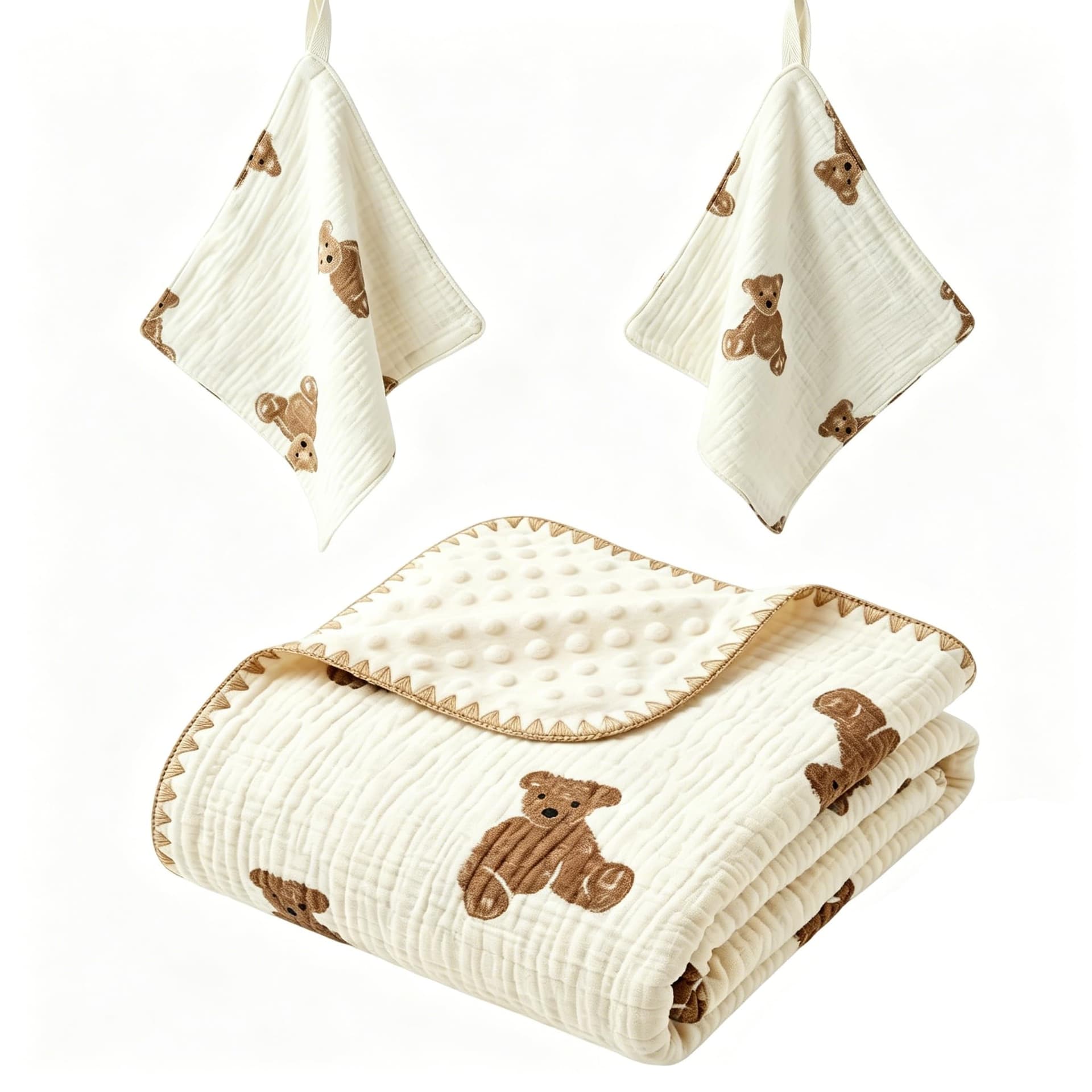3-Piece Cotton Baby Blanket Set, 2 Baby Washcloths (Teddy Bear)