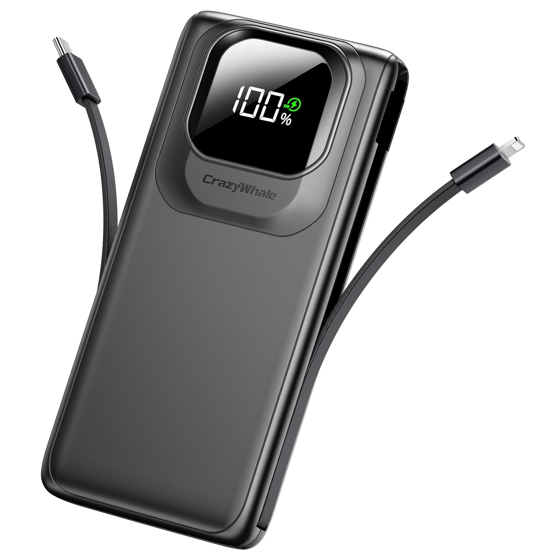 10000mAh 22.5W Portable Charger, Built-in Cables, Matte Black