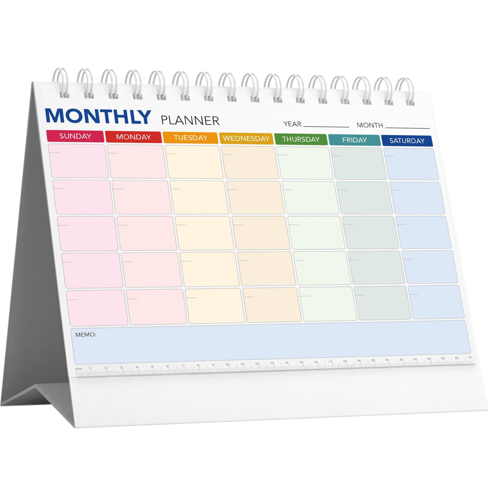 Desk Blank Calendar, Monthly Planner Stand, Undated Spiral-Bound Monthly Calendar, 12-Page Color-Coded Weekly Planner Pages with Memo Sections, Foldable Tri-Fold Desktop Daily Calendar
