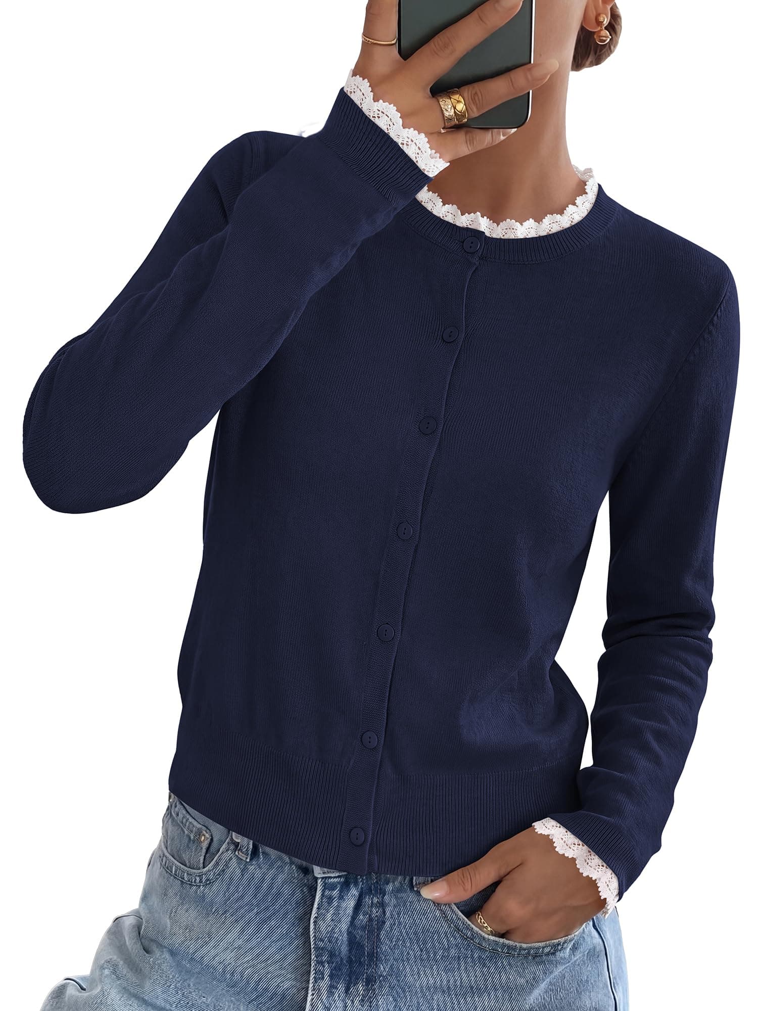 KIRUNDO Cute Lace Cardigan Sweaters for Women Fall Casual Button Down Tops