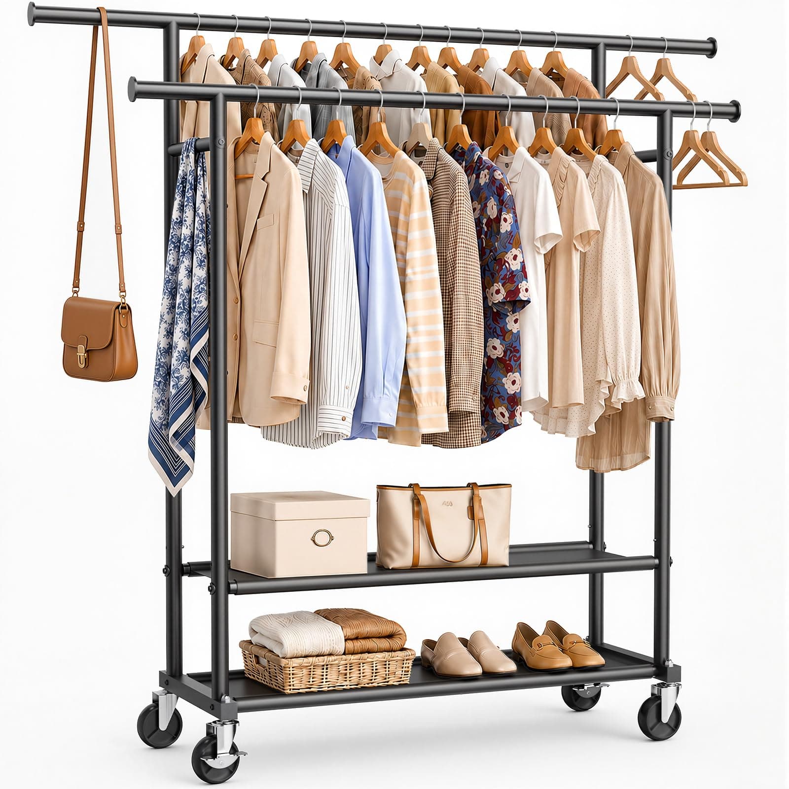 Portable Clothes Rack Rolling Garment Rack with Wheels 26OLBS Black