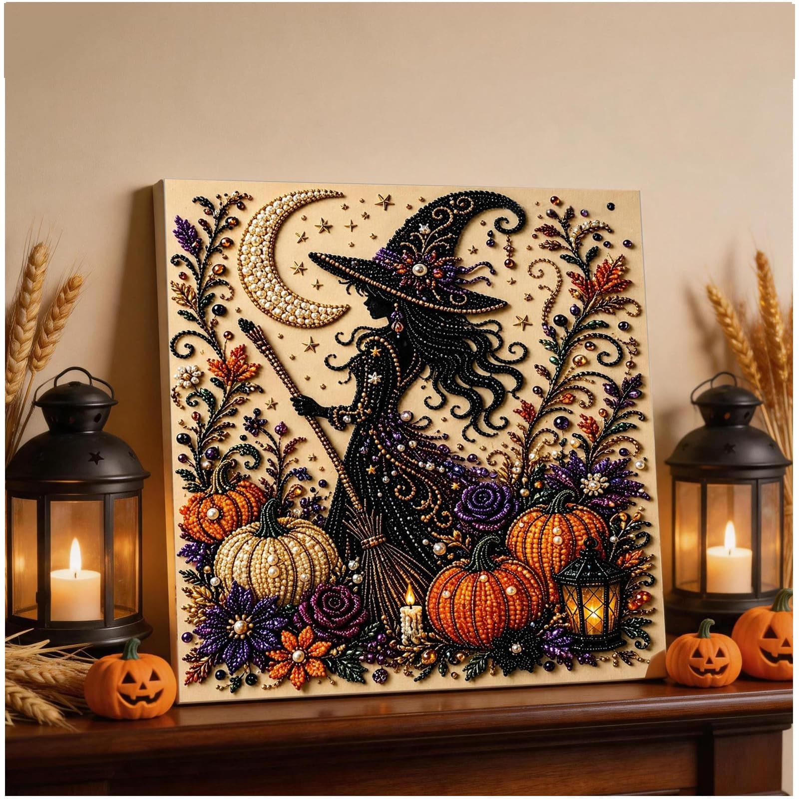 Witch Pearl Art Kit for Adults, Cute 3D Witch Diamond-Painting Crafts for Adults, DIY Fall Home Decor Wall Art, Beginner DIY Seasonal Party Gift