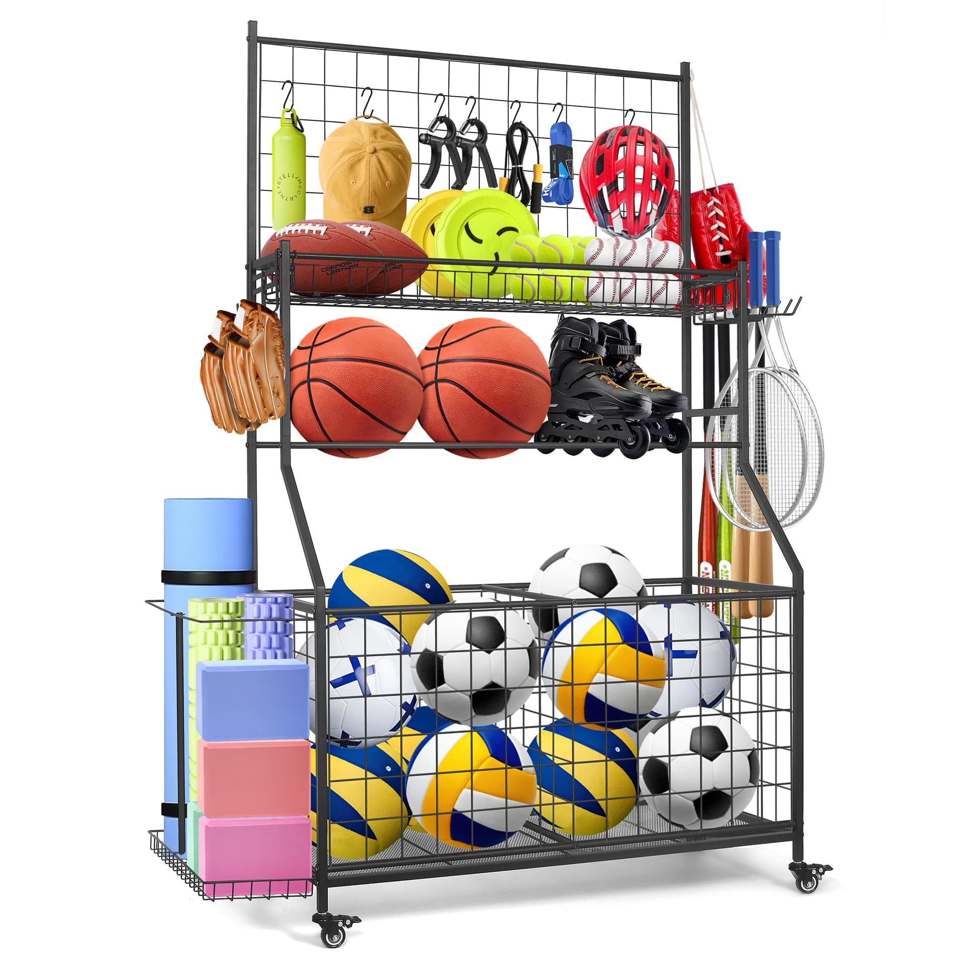 Sports Equipment Organizer,Garage Ball Storage Rack with Basketball Rack with Hooks and Rolling Wheels Cart-Black