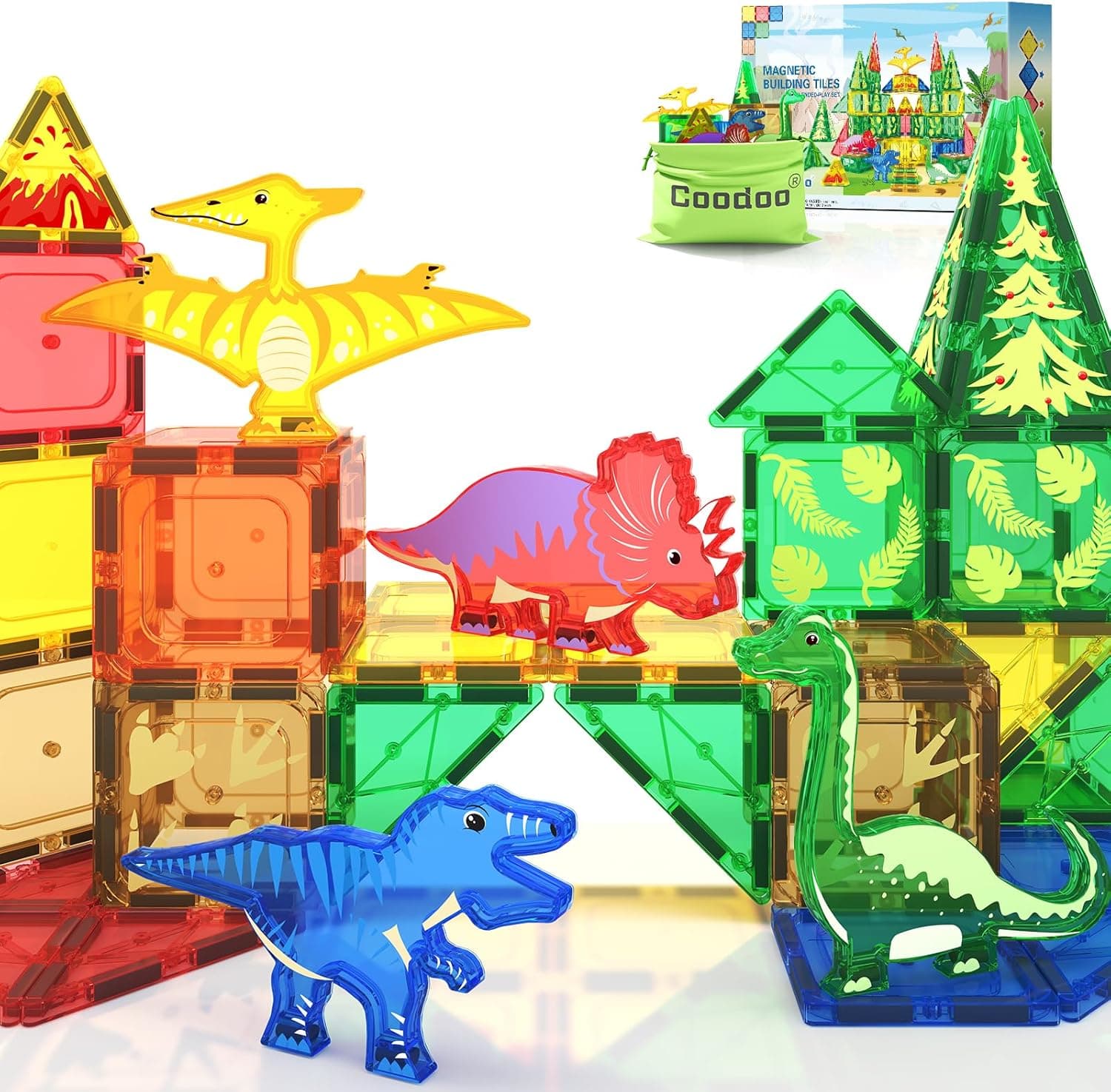 COODOO 48pcs Dinosaur Toys Magnetic Tiles